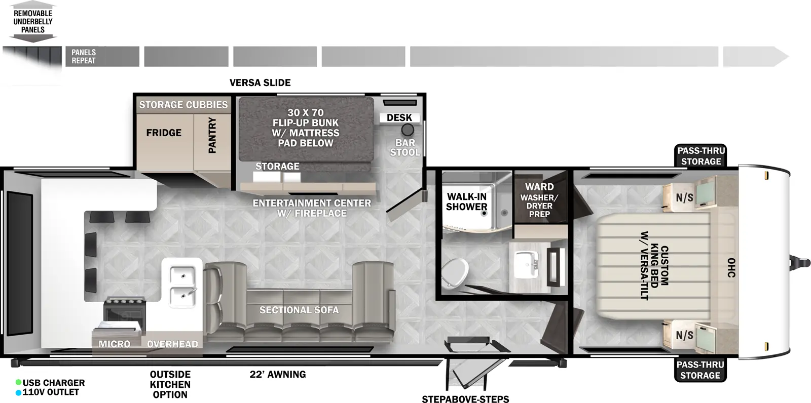 The Salem T29VIEW floorplan has one slideout and one entry. Exterior features removable underbelly panels, 22 foot awning, StepAbove entry steps, outside kitchen with griddle and mini refrigerator, front pass-thru storage, battery disconnect, and 200 watt roof-mounted solar panel. Interior layout front to back: foot-facing queen bed with shelf above, wardrobe and nightstand on each side, and off-door side wardrobe; off-door side full bathroom with walk-in shower and linen closet; entry door outside of bathroom; off-door side slideout with versa slide (a flip-down desk with barstool, and flip-up bunk with mattress pad below behind an entertainment center with fireplace and TV prep), pantry and refrigerator; door side sectional sofa; peninsula kitchen counter with sink wraps to door side with microwave, overhead cabinet and cooktop, and continues to wrap to rear wall with dining seating and flip-down counter on off-door side.
